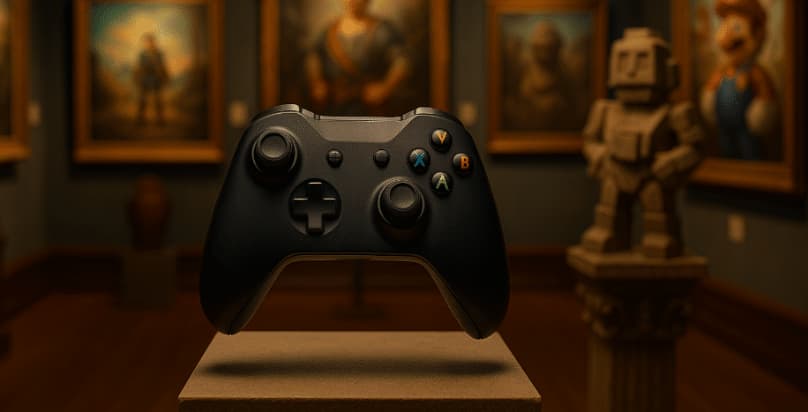 Controller da gaming su piedistallo in una galleria d’arte con opere ispirate ai videogiochi