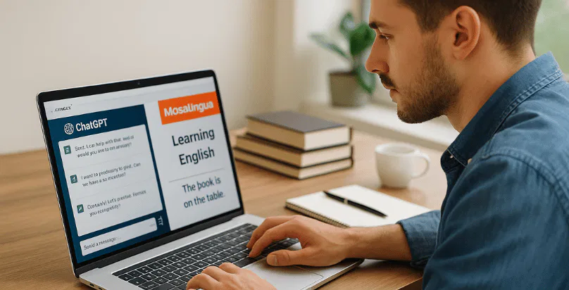 Studente che impara inglese usando ChatGPT e MosaLingua su laptop, in ambiente moderno con luce naturale