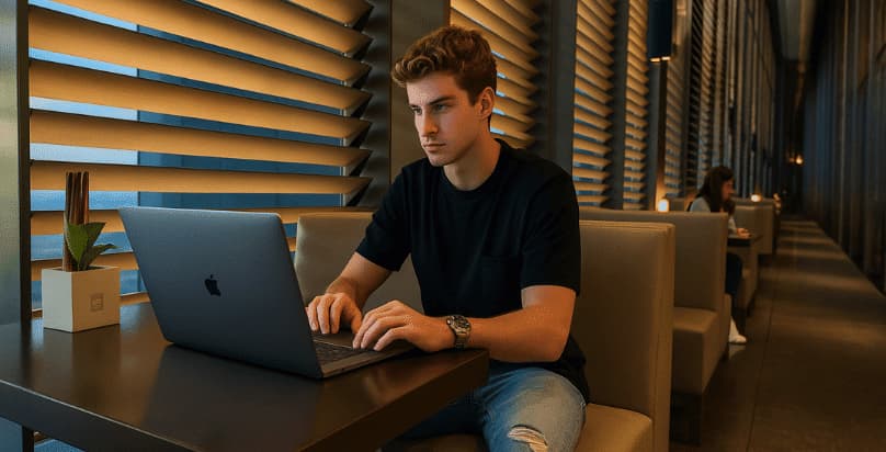 Edoardo Ferri al lavoro sul laptop in un elegante locale moderno, simbolo del successo ottenuto con il trading bot CryptoGenius