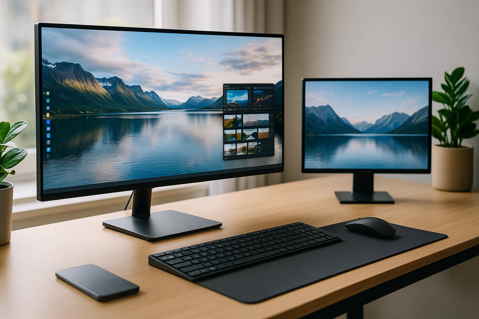 Monitor ultra-wide con alta risoluzione a confronto con uno in Full HD su scrivania moderna