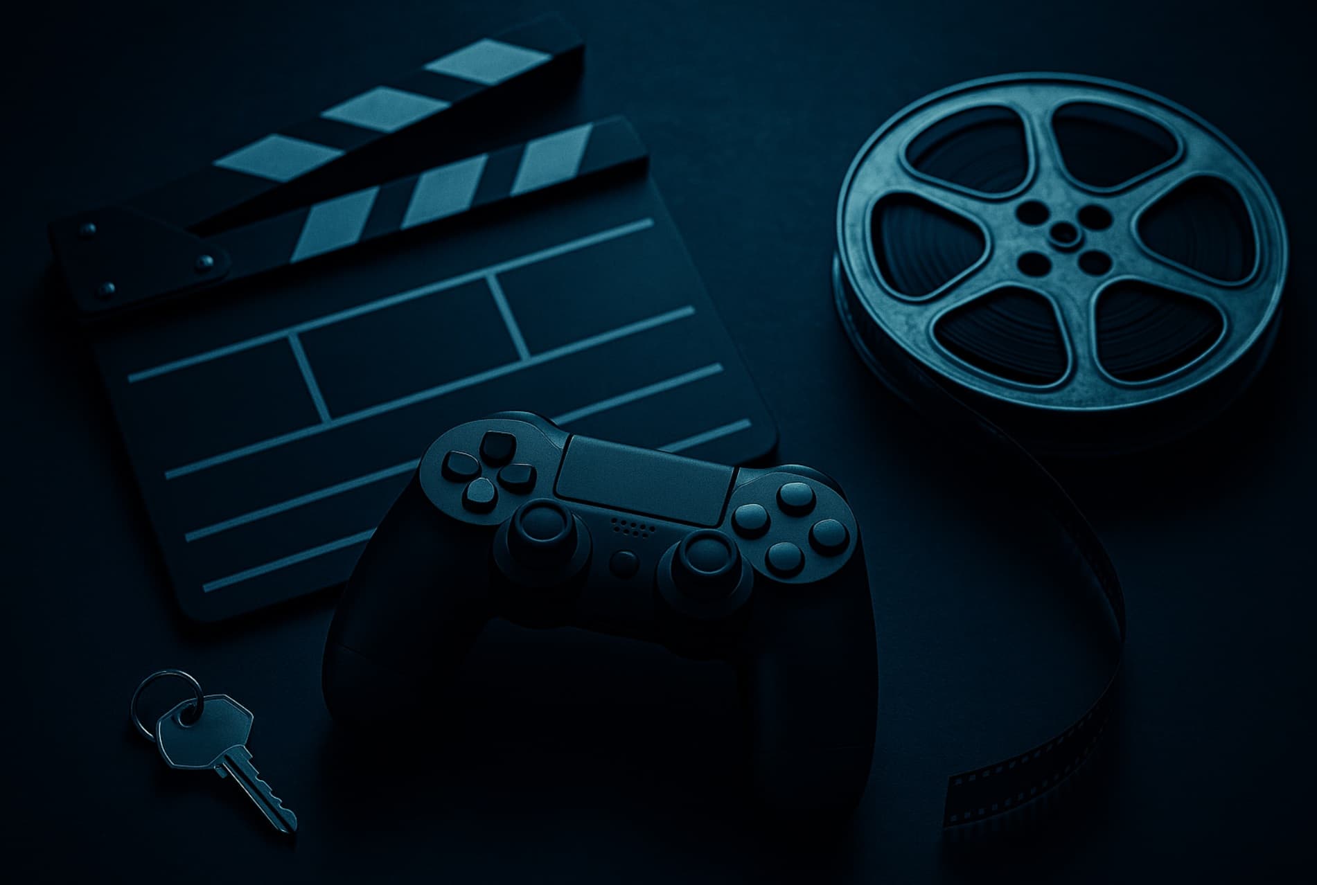 Controller per videogiochi accanto a oggetti del cinema che rappresentano i videogame ispirati ai film