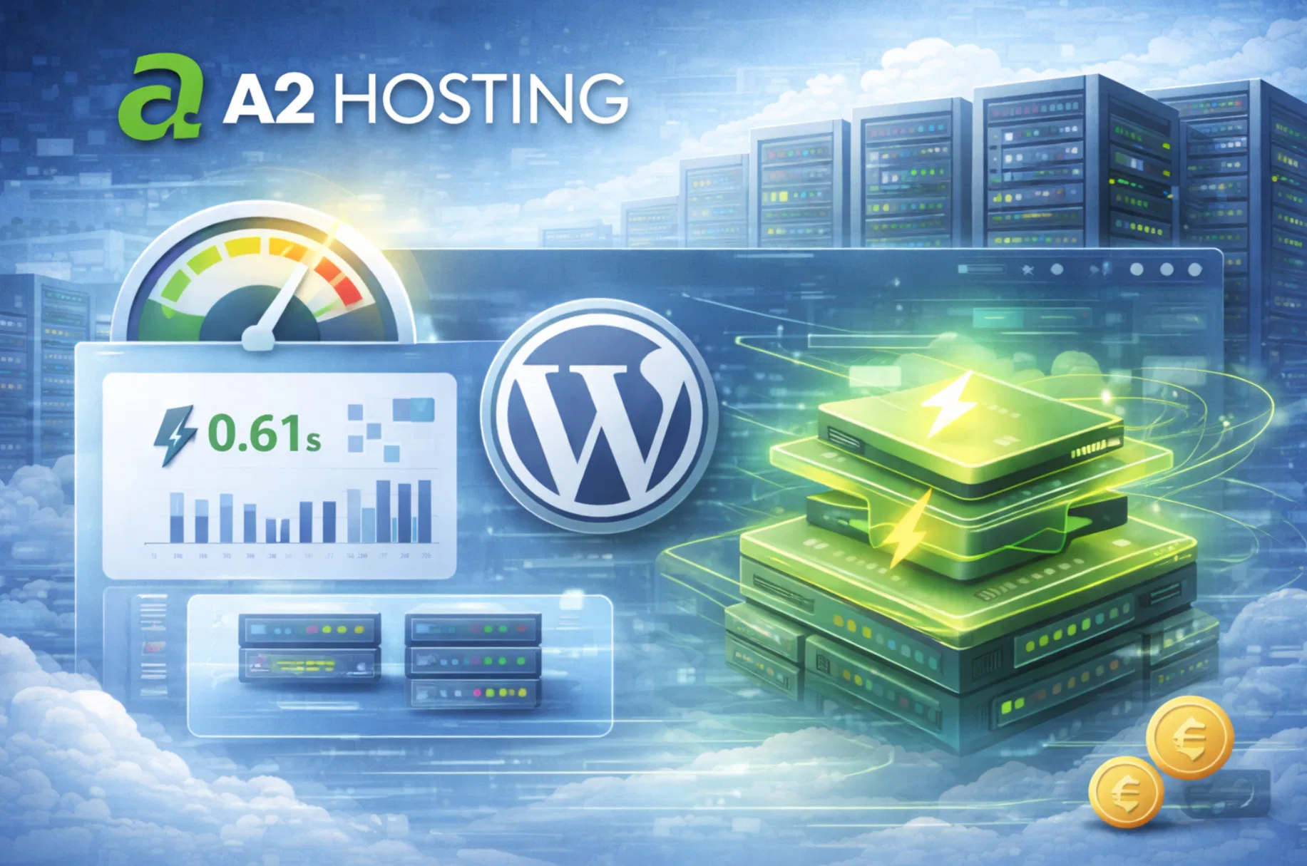 Concept hosting A2 ad alte prestazioni con metriche di velocità, caching e server ottimizzati per WordPress