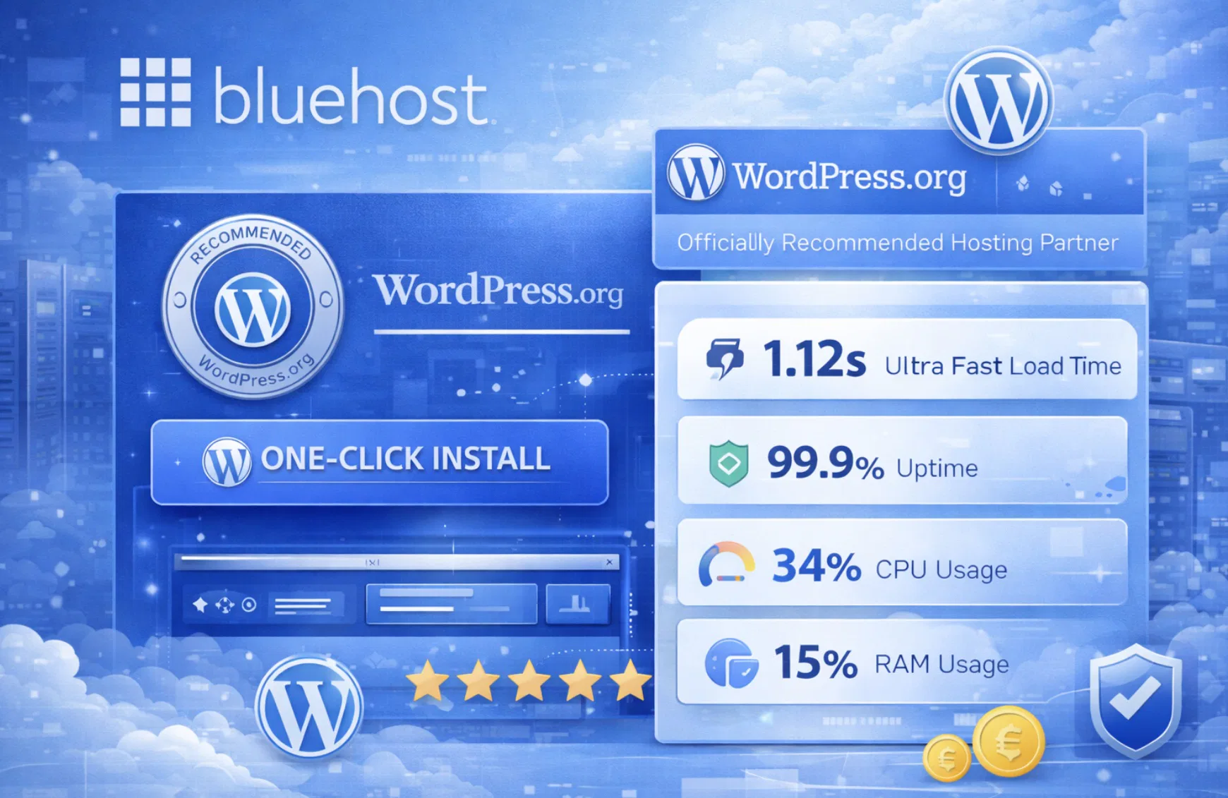 Hosting Bluehost con badge partnership WordPress.org, installazione one-click e metriche performance WP ottimizzate