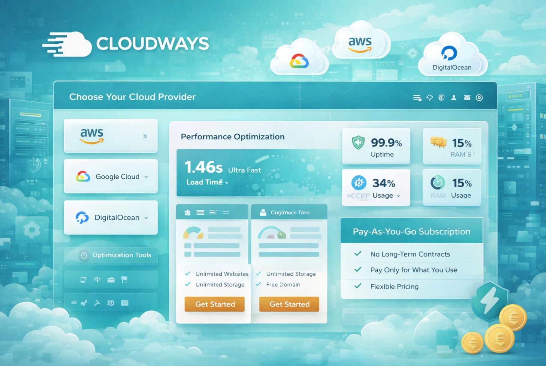 Piattaforma Cloudways con scelta provider cloud multipli, dashboard ottimizzazione performance