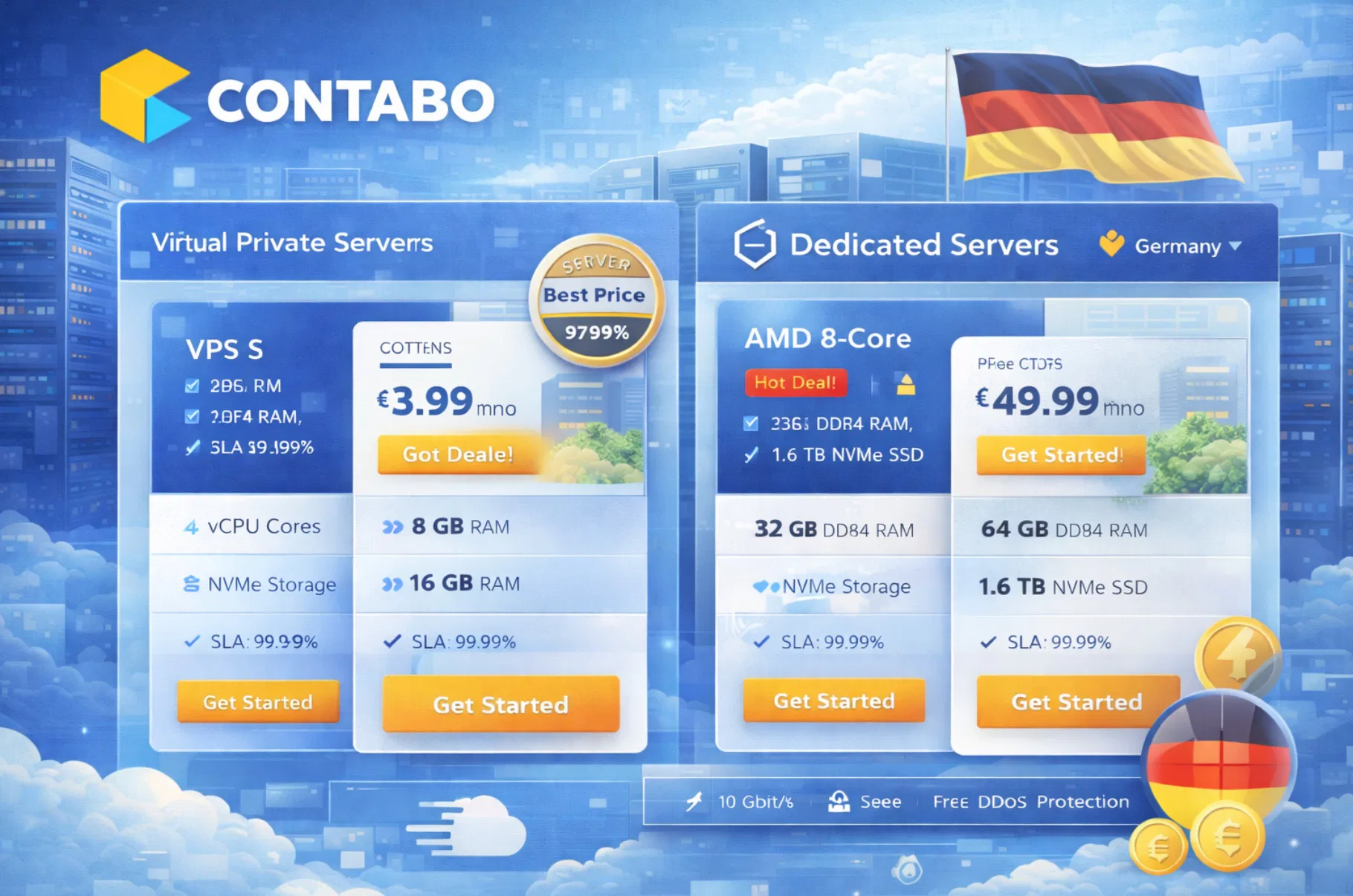 Interfaccia Contabo con prezzi VPS competitivi, server dedicati e data center Germania