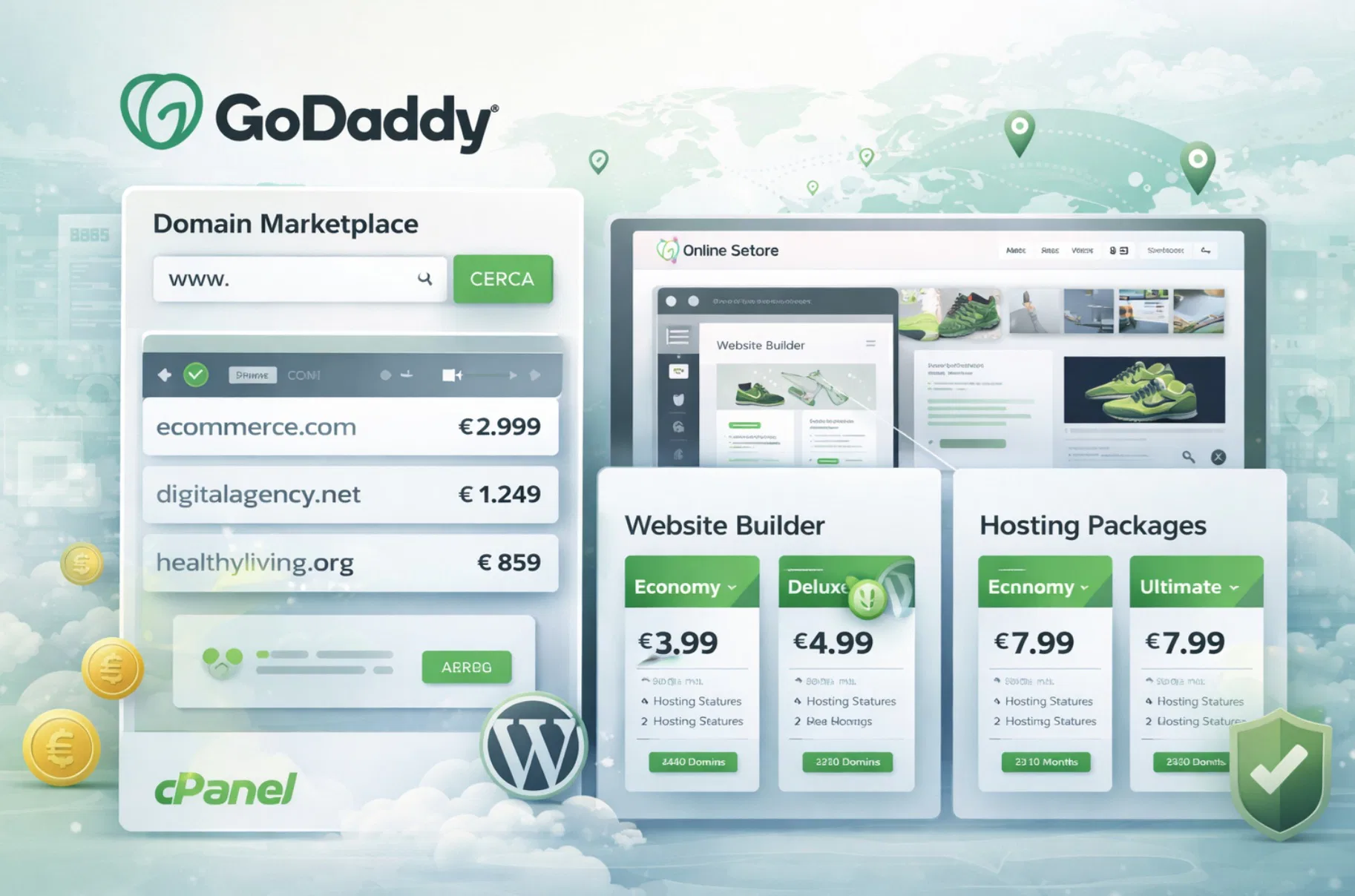 Interfaccia GoDaddy con marketplace domini, strumenti website builder e pacchetti hosting completi