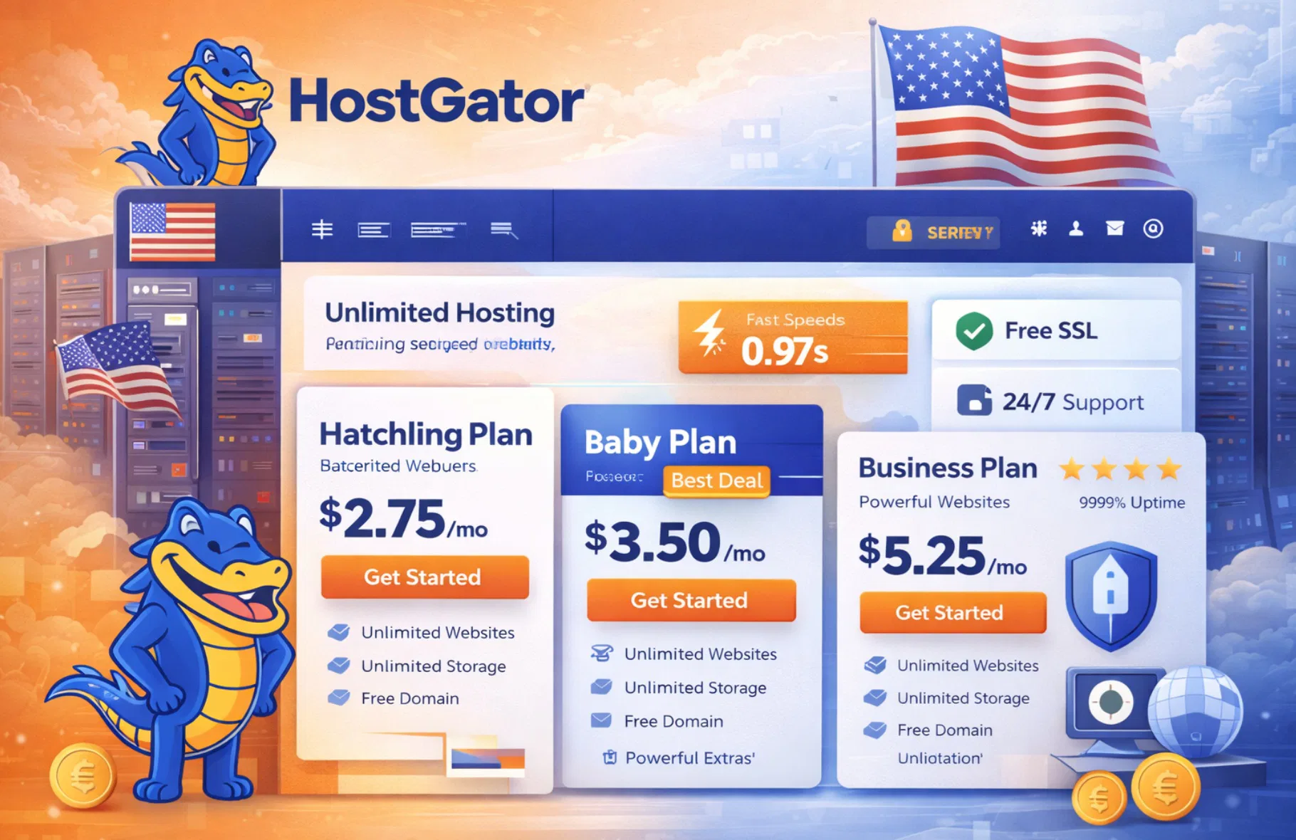 Interfaccia HostGator con piani hosting illimitati economici, server USA e funzionalità orientate al valore