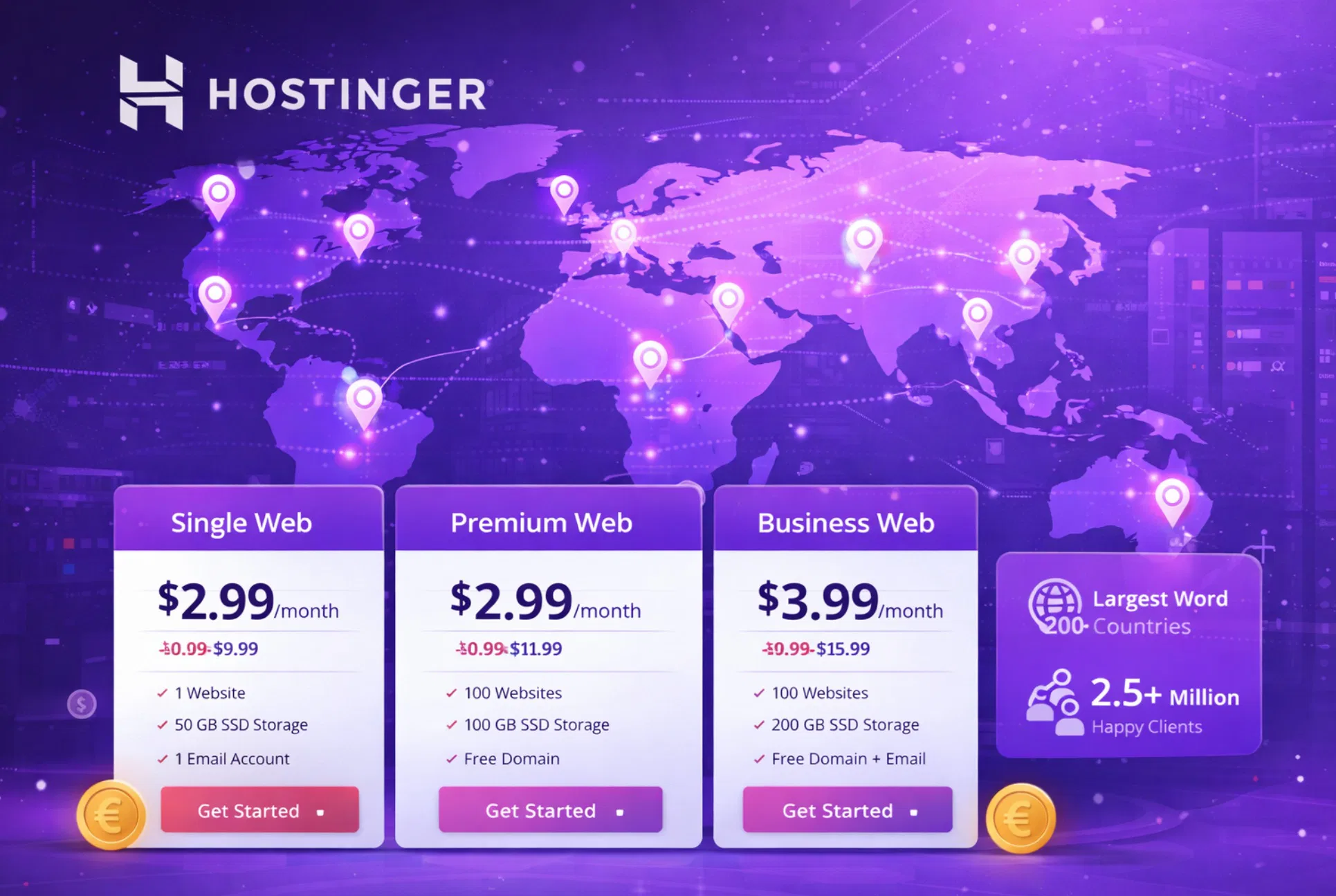 Piattaforma Hostinger con mappa server mondiali, tabelle prezzi ultra-bassi e statistiche clienti internazionali