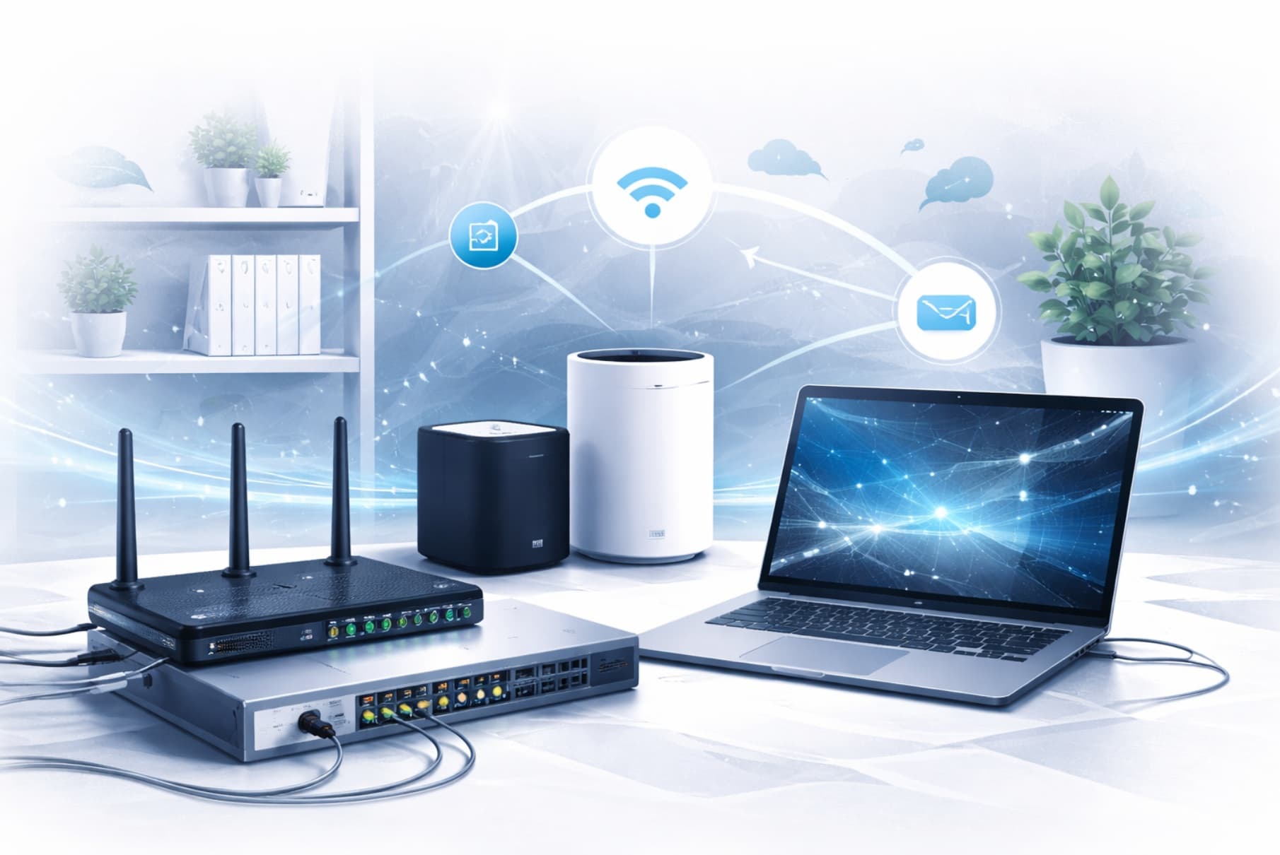 Illustrazione che rappresenta infrastrutture di rete affidabili per casa e ufficio con dispositivi di networking e connessioni stabili