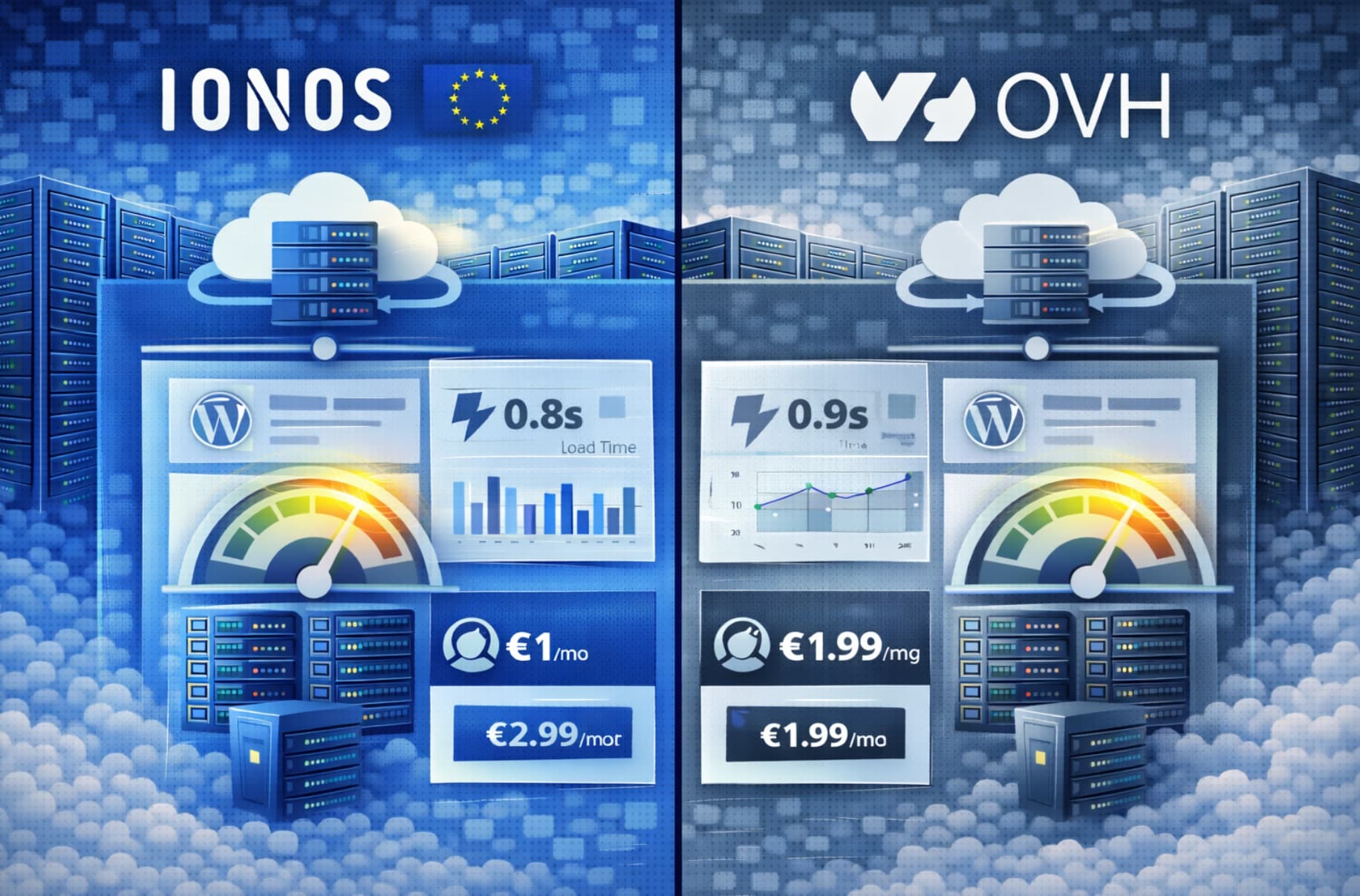 Confronto tra IONOS e OVH con server cloud, infrastruttura europea e analisi performance hosting