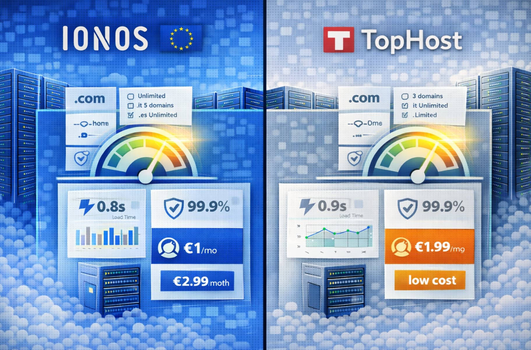Confronto hosting tra IONOS e TopHost con focus su prezzi, prestazioni e limiti