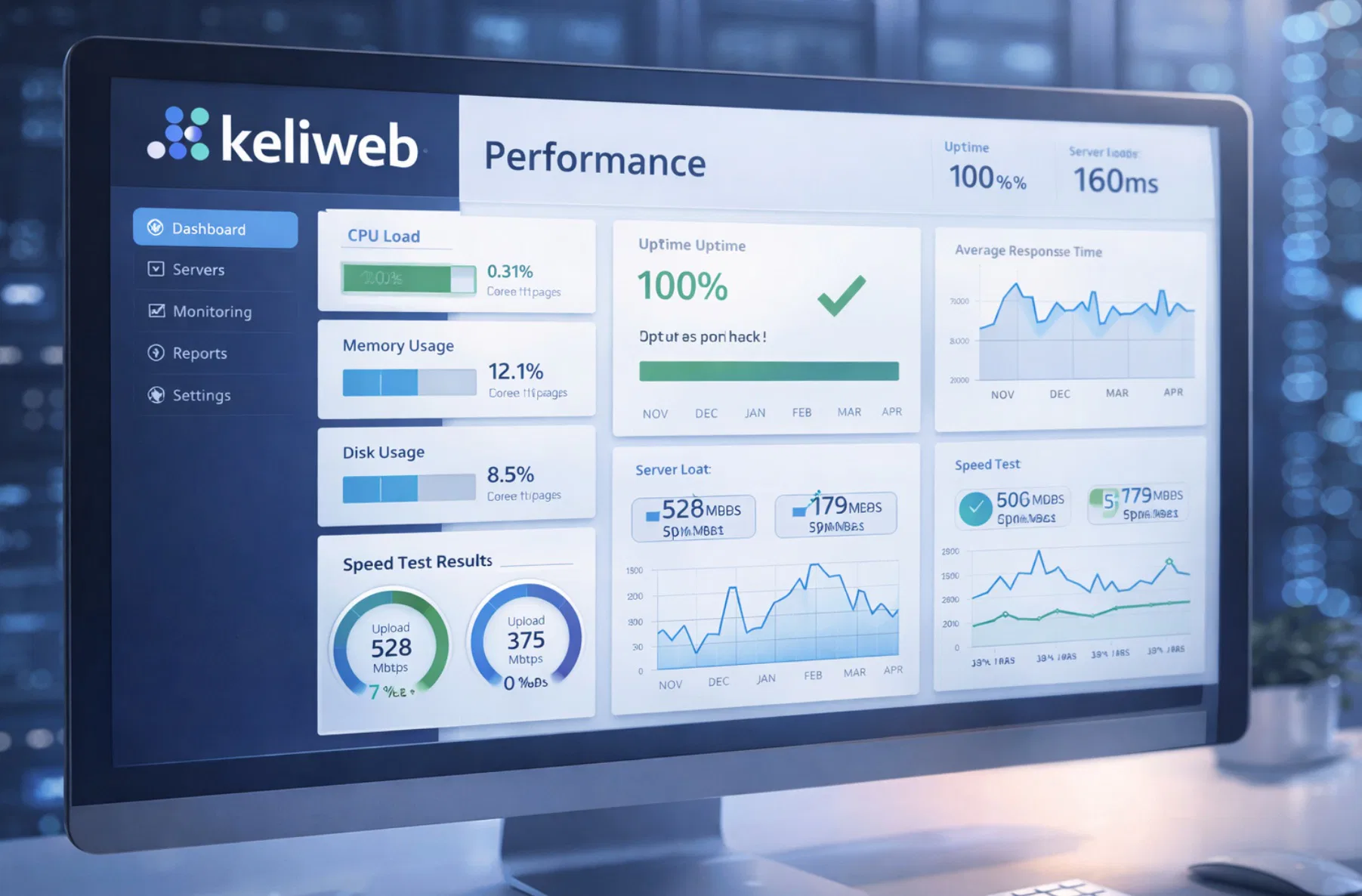 Screenshot dashboard Keliweb con metriche performance, grafici uptime e risultati test velocità