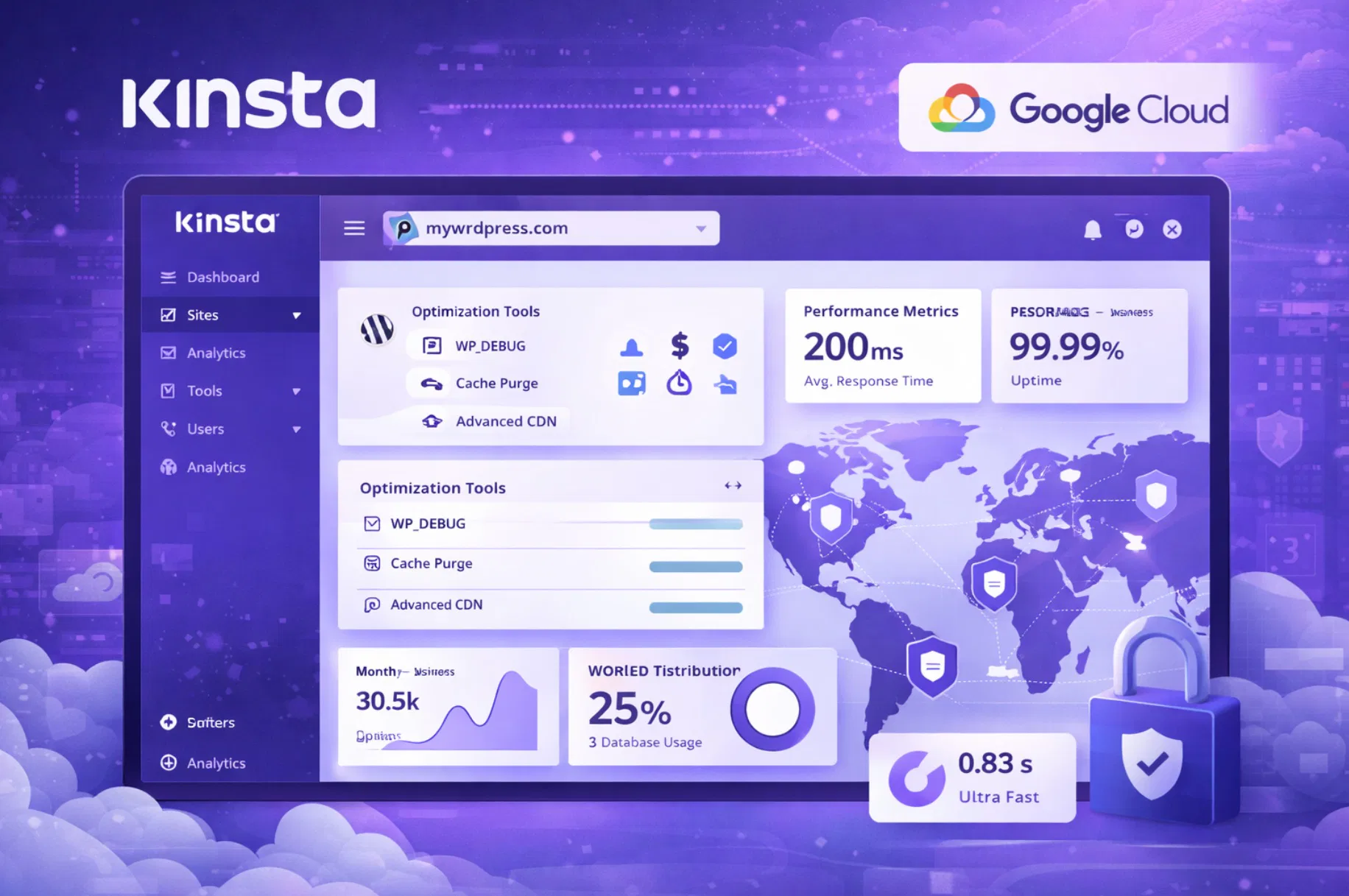 Dashboard Kinsta con integrazione Google Cloud Platform, strumenti ottimizzazione WordPress e metriche performance elite