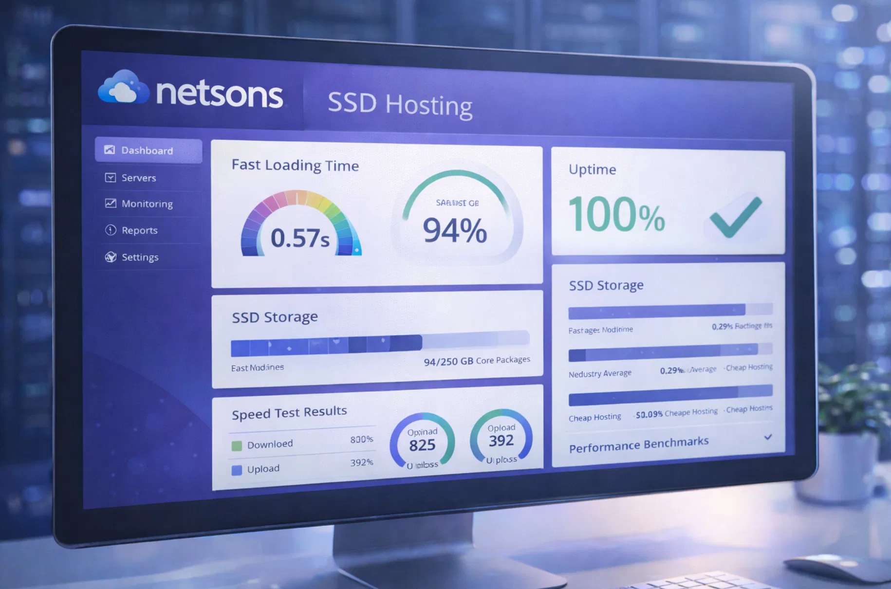 Interfaccia Netsons con metriche tempi caricamento veloci, indicatori storage SSD e benchmark performance