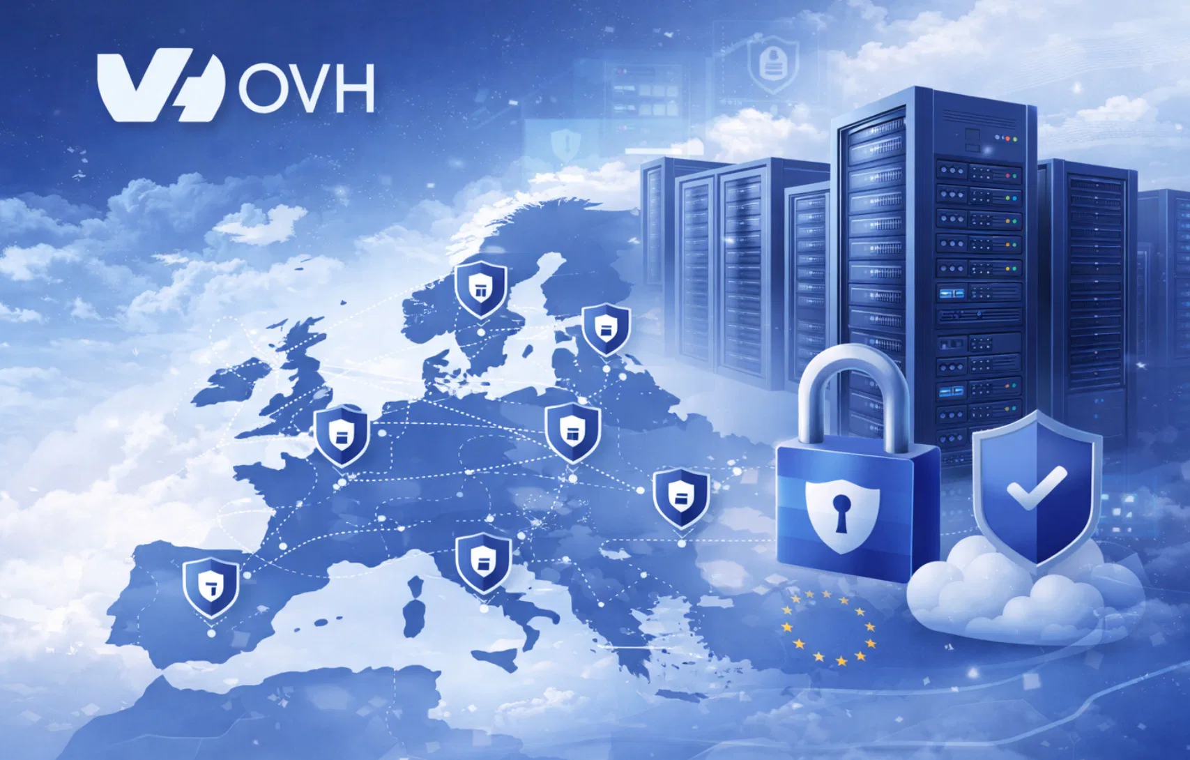 Infrastruttura cloud europea OVH con data center multipli, server enterprise e funzionalità sicurezza robuste