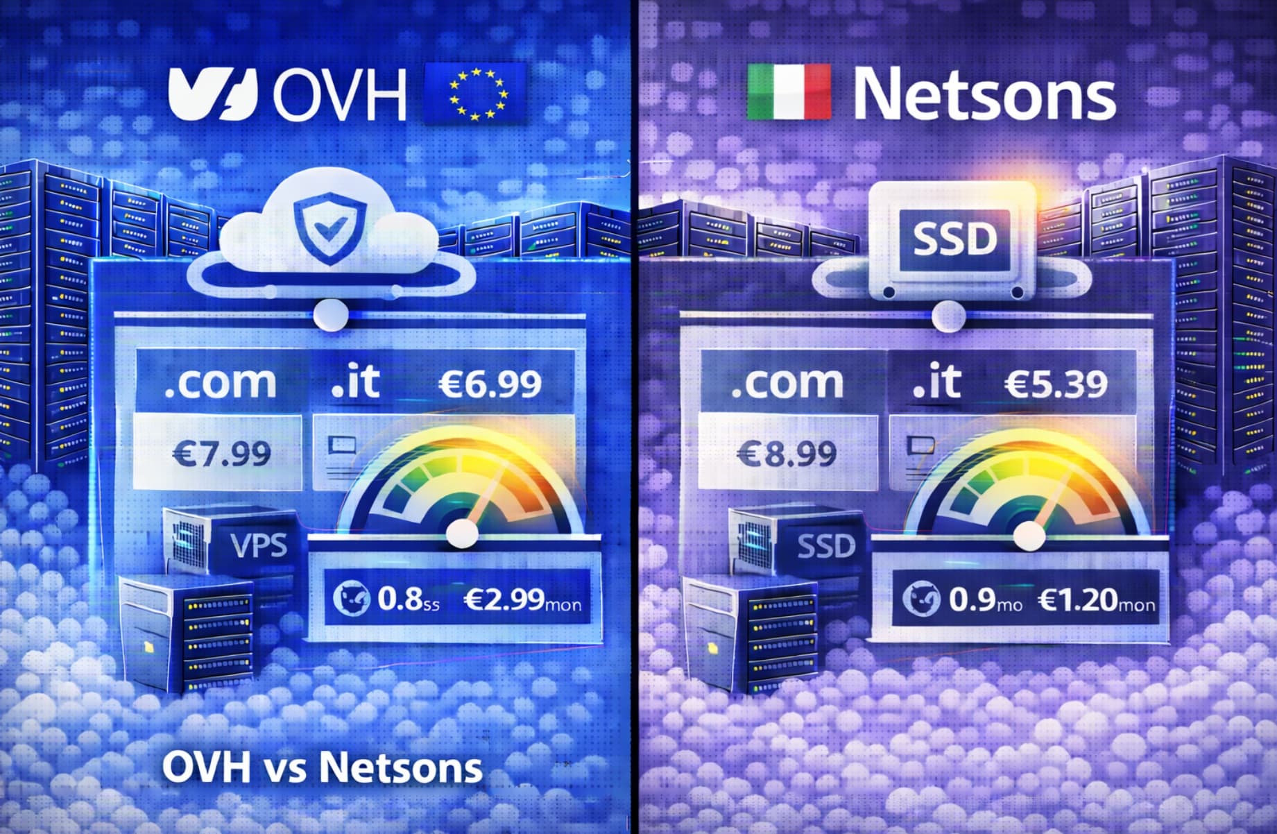 Confronto tra OVH e Netsons per hosting SSD, cloud europeo e affidabilità server