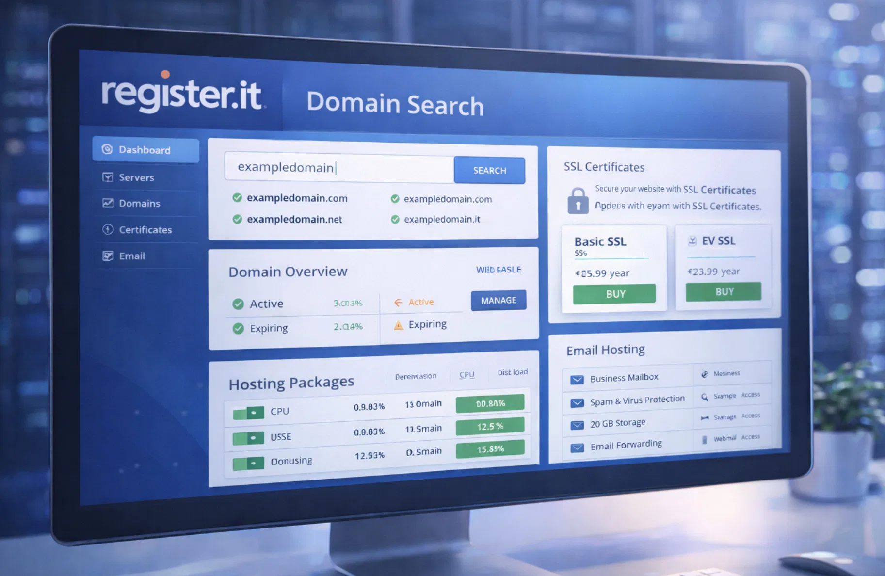 Interfaccia Register.it con strumento ricerca domini, certificati SSL e funzionalità email hosting