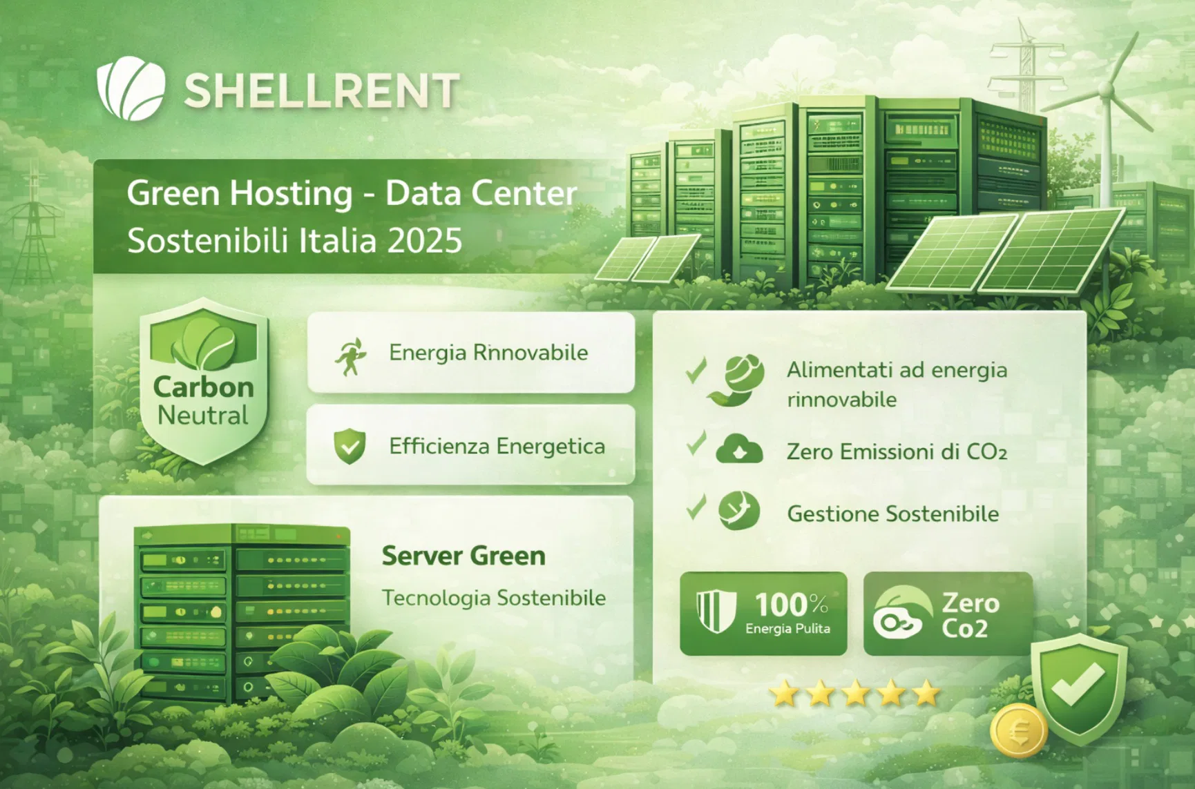 Infrastruttura hosting green Shellrent con data center energia rinnovabile, badge carbon neutral