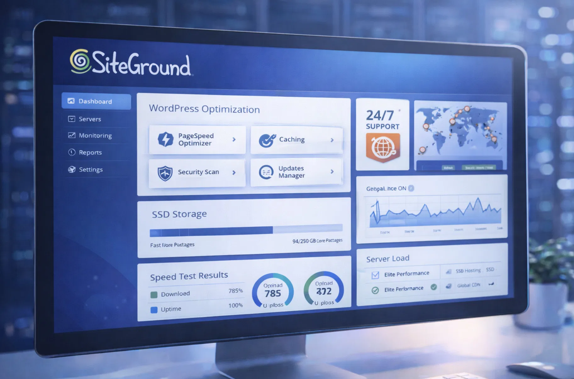 Dashboard SiteGround con strumenti ottimizzazione WordPress, badge supporto 24/7 e metriche performance elite