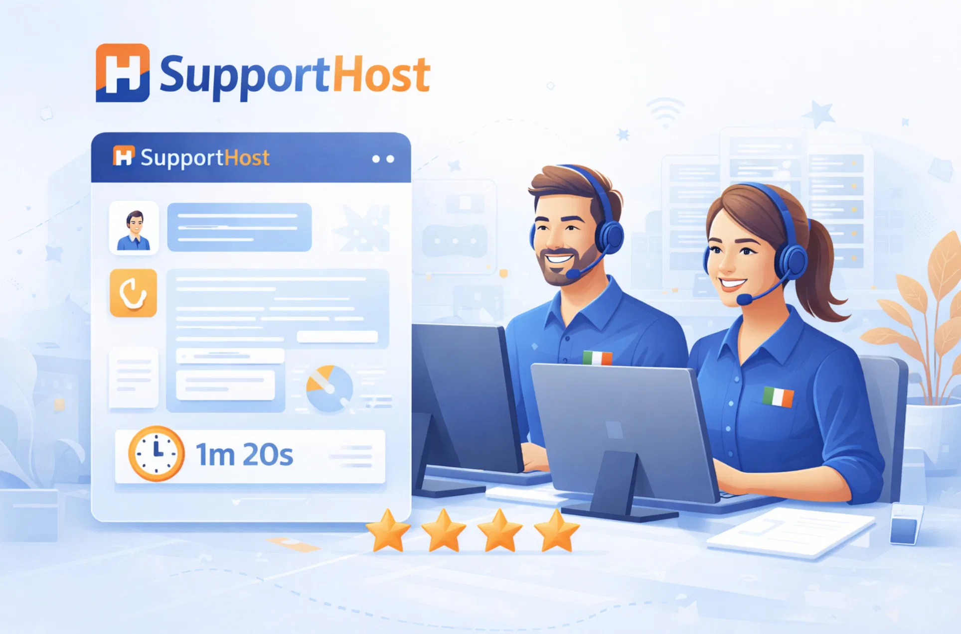 Piattaforma SupportHost con interfaccia chat live, team assistenza italiana e indicatori tempi risposta rapidi