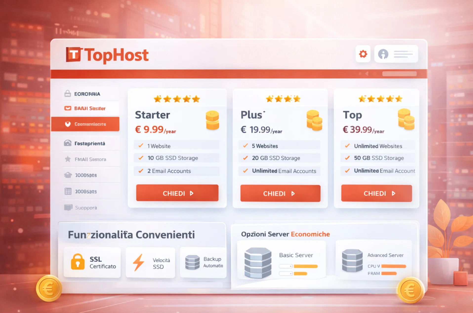Pannello TopHost con piani prezzi convenienti, funzionalità value-for-money e opzioni server economiche
