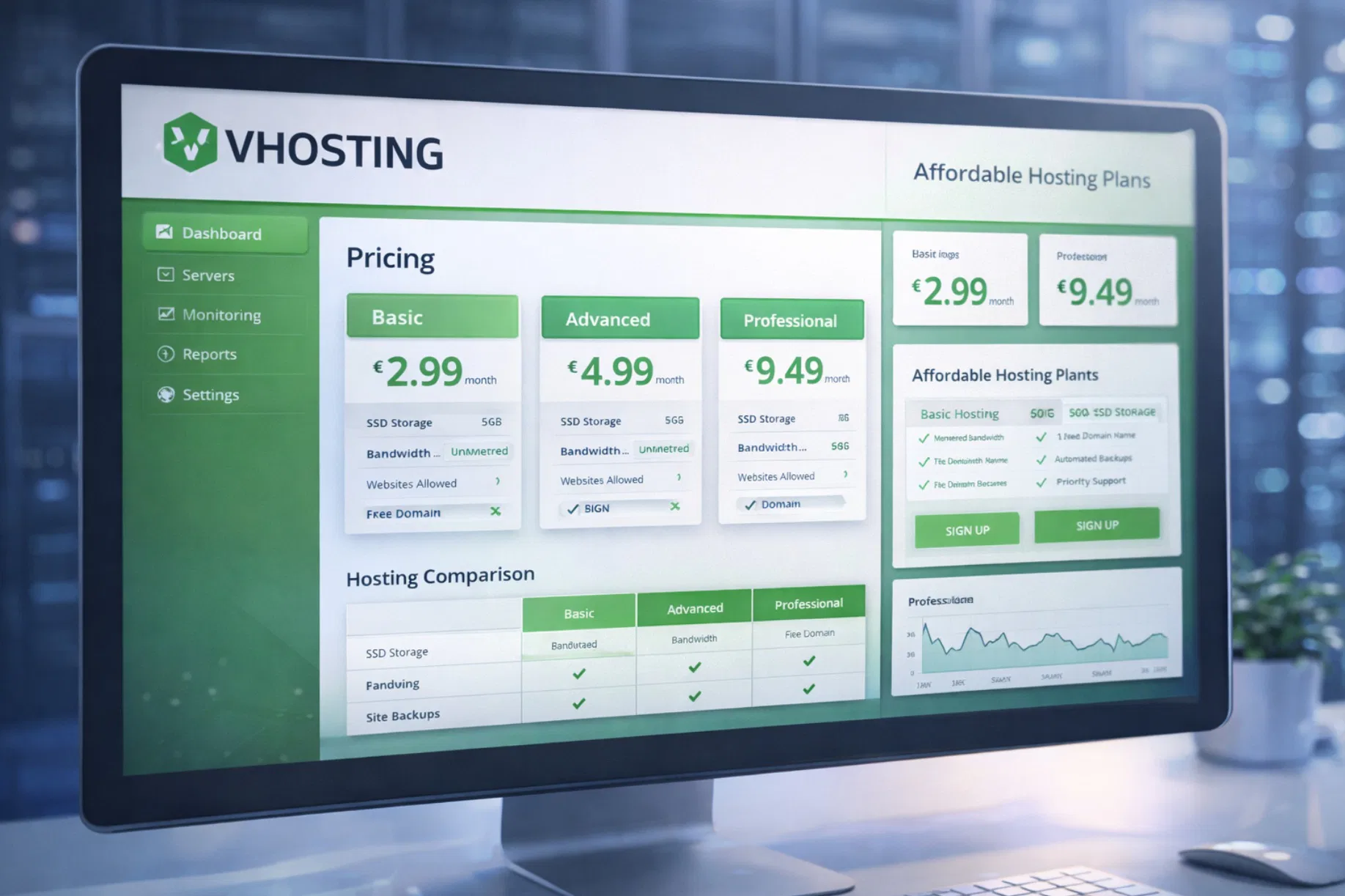 Pannello controllo VHosting con tabelle prezzi, confronto funzionalità e pacchetti hosting economici