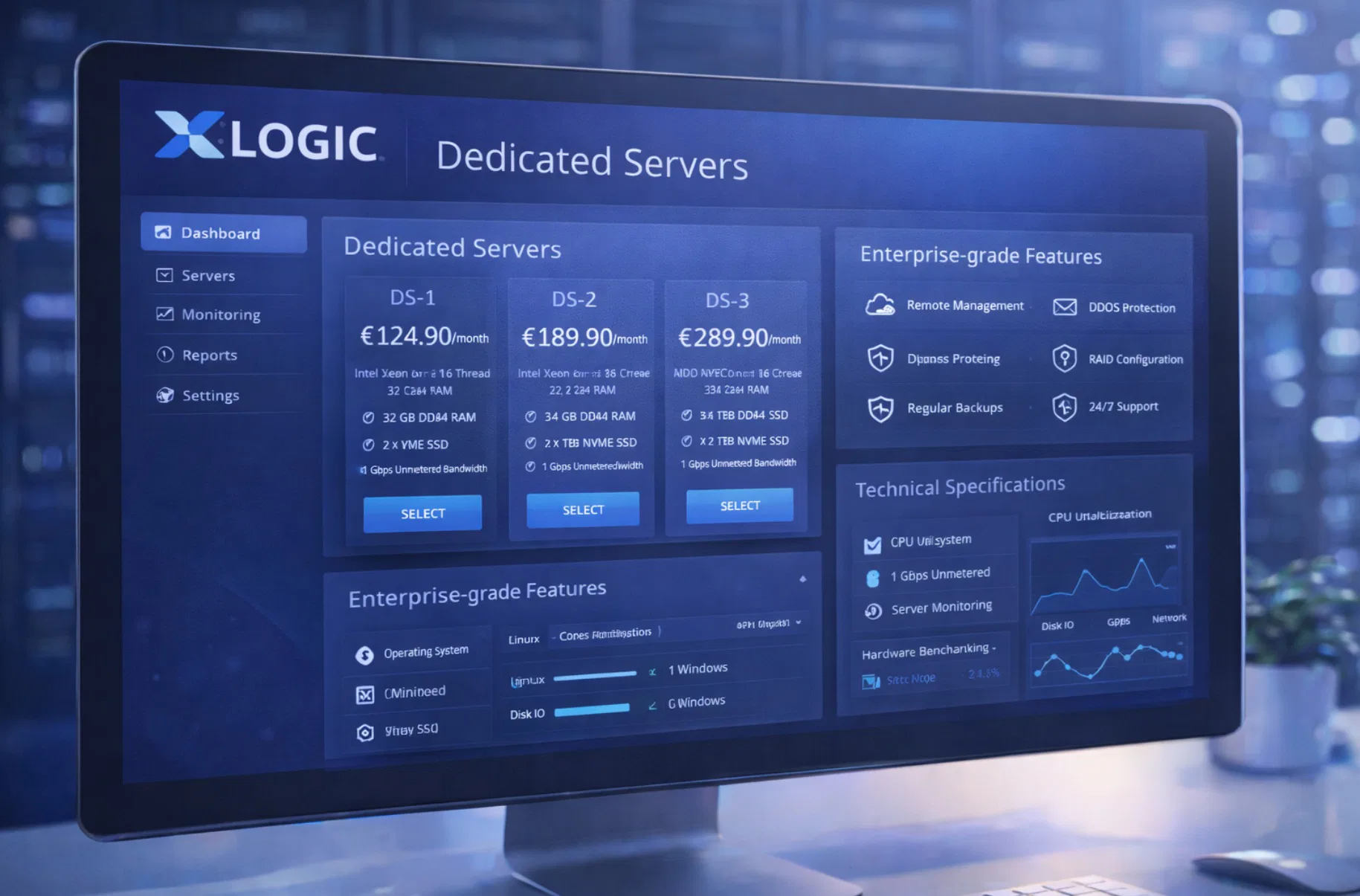 Interfaccia XLogic con opzioni server dedicati, funzionalità enterprise e specifiche tecniche