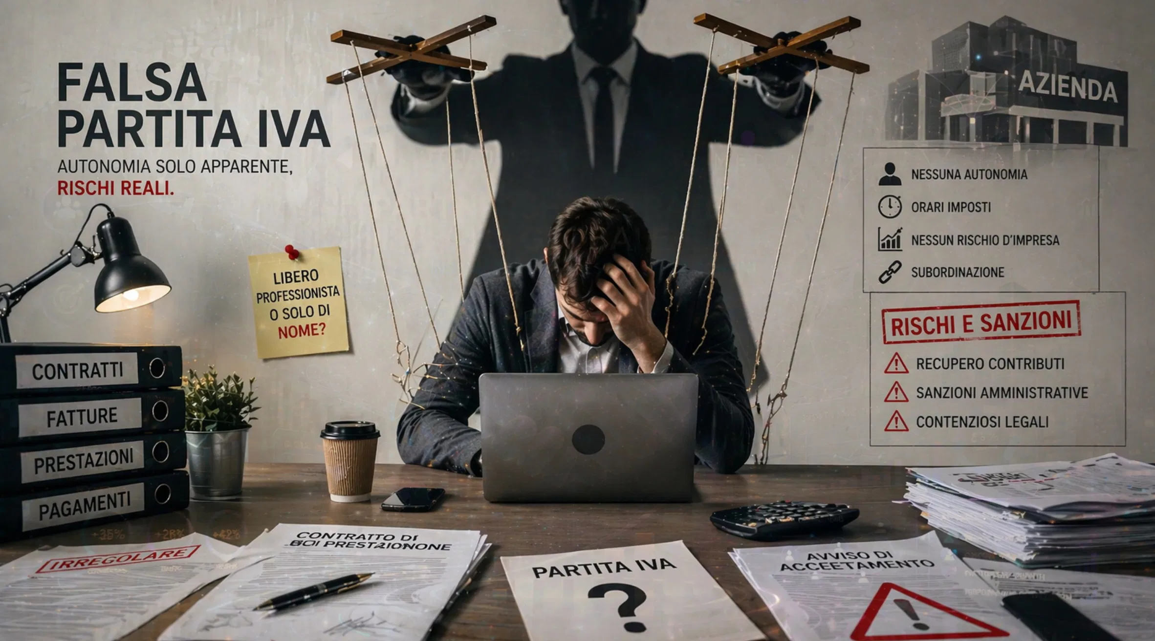 Falsa Partita IVA: lavoro autonomo o dipendenza nascosta? Illustrazione concettuale della falsa partita IVA con lavoratore controllato da un’azienda, simbolo di mancanza di autonomia e rischi legali
