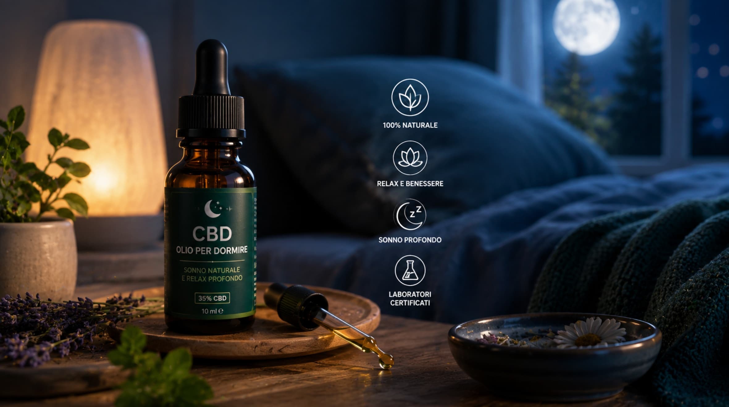 Flacone di olio CBD per dormire con atmosfera rilassante notturna e elementi wellness naturali