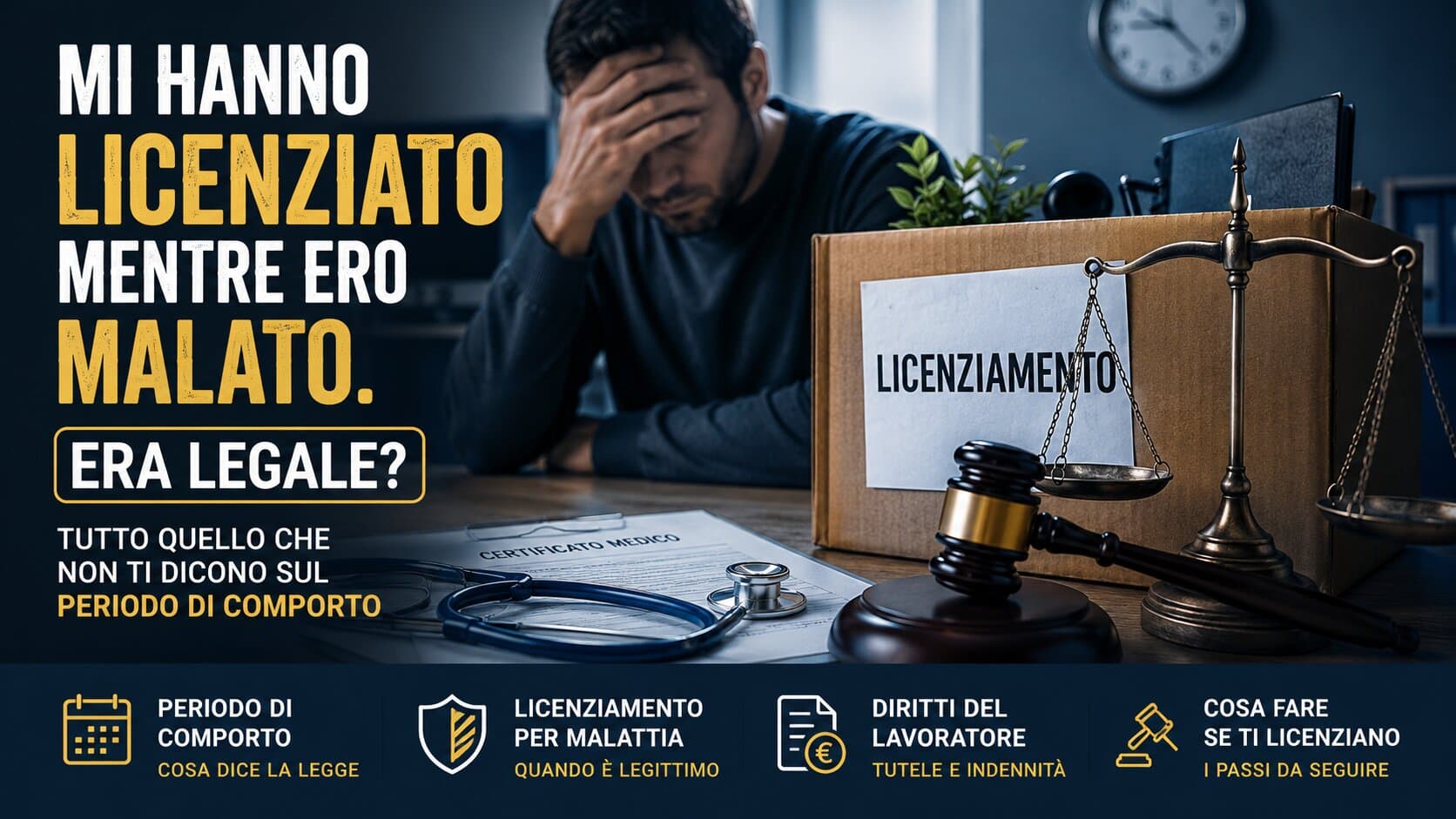 Licenziamento Durante la Malattia: Diritti del Lavoratore e Periodo di Comporto Certificato medico, lettera di licenziamento e simboli della giustizia che rappresentano il licenziamento durante la malattia e il periodo di comporto